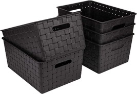 Woven Basket Bin, Bekith 5 Pack, Woven Plastic Storage Basket, 10&quot; L X 7&quot;, Black - £27.85 GBP