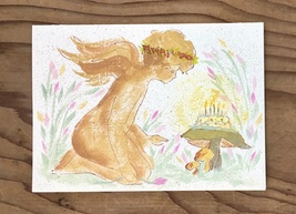 Cupid Kneeling Birthday Toadstool Cake in Acrylics Card Greeting Card - £9.45 GBP