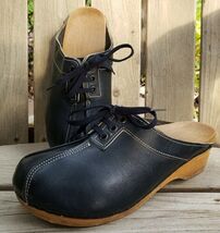 Vintage Leather Wood Clogs Womens Sz 6 Blue Mules Festival 70s Hippie Shoe - $36.46