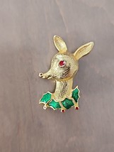 Vtg Rudolph Enamel Red Nose Reindeer Holly Christmas Brooch Pin Gold Tone - $13.50