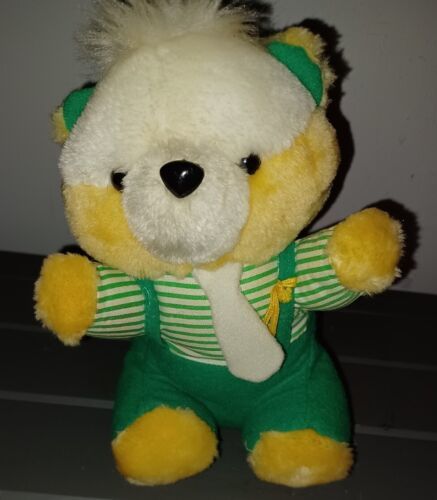 Vintage Yellow Teddy Bear Plush Green Outfit Suspenders Tie Ace Novelty 1991 - £15.97 GBP