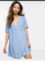 ASOS DESIGN soft denim wrap smock dress in blue sz 00 petite - £14.94 GBP