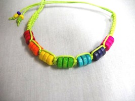 NEW LIME GREEN MACRAME w COLORFUL RAINBOW WOOD BEADS TIE ON BRACELET OR ... - $91.40 MXN