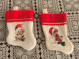 Two White Red Felt Miniature Christmas Stocking 6 In Tan Puppy Santa Hat - £8.62 GBP