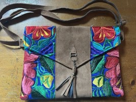 Leather embroidered hand made purse with bright beautiful colorful flowers - $54.13