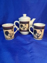 Teapot &amp; 2 Mugs - B.I. Inc Rooster Motif - Beige - $37.39