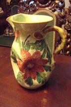 Italian Majolica green pitcher decorated with flowers, made in Italy ORIGINAL - £96.97 GBP