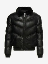 Men&#39;s Puffer Leather Jacket Black Lambskin Soft Collar WARM Bomber Jacket - $138.60+