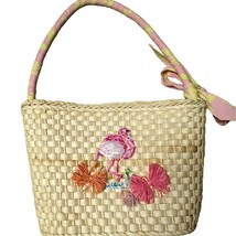 Flamingo and Ribbon Small Woven Corn Husk Straw Purse Bag - £27.91 GBP