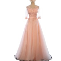 Kivary Peach-pink Sheer Half Sleeves Tulle Lace Appliques A Line Coset Prom Even - £110.38 GBP