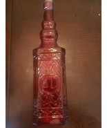 One 12.5&quot; Tall Glass Bottle in Red w/Raised Design on Front &amp; Back w/Cork - £22.09 GBP