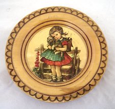  Vintage Hummel Style Girl Cuddling a Puppy by Fence.Wooden Plate Plaque - £15.84 GBP