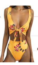 New Without Tags Women&#39;s Floral High Cut Knot Tie Front Monokini Swim Su... - $8.43