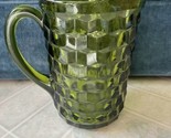Vtg Mid-Century Avocado Green Cube Pattern Heavy Glass Pitcher 7 1/2&quot; tall - £23.24 GBP
