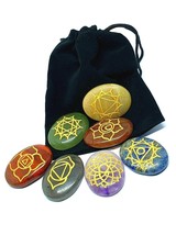 Carved 7 Chakra Gemstone Oval Reiki Set Engraved Premium Healing &amp; Velve... - £15.54 GBP