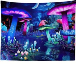 51&quot;X59&quot;Blacklight Tapestry Mushroom Forest Bohemian Moon Starry Sky Wall... - £10.19 GBP