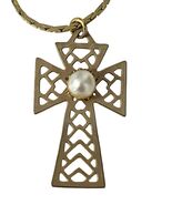 Vintage Gold Tone Cross Necklace Faux Pearl Center 15 Inch Chain Religio... - $15.30