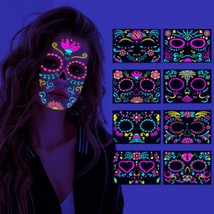 Luminous Temporary Face Tattoos 8 Pcs UV Glow Neon Day of the Death Sugar Skull  - £22.89 GBP