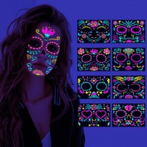 Luminous Temporary Face Tattoos 8 Pcs UV Glow Neon Day of the Death Sugar Skull  - £22.39 GBP