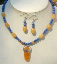 Adjustable Lapis Beads and Calcite Pendant Necklace and Earrings Jewelry Set - £67.16 GBP