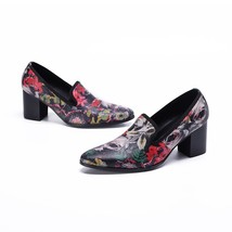 Vintage Floral High Heel Men Dress Shoes Thick Heel Nightclub Party Man Loafers  - £118.78 GBP