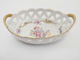 Vintage GDR Reticulated Porcelain Bowl by Martinroda PM&amp;M Gilded Floral 4.5 Oval - £11.02 GBP