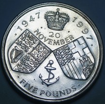 Great Britain 5 Pounds, 1997 Gem Unc~The Queen&#39;s Golden Wedding Annivers... - $17.43
