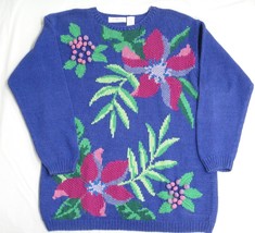 Liz Claiborne Womens Oversize Sweater Periwinkle Hand Knit Flowers Berries Small - £7.90 GBP