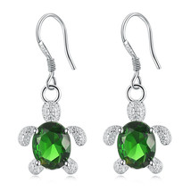 Green Crystal Turtle Drop Dangle Earrings Sterling Silver - £8.86 GBP