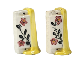 Salt Pepper Shakers Harmonica 3 Inch Tall Vtg Made in Japan White Yellow Flowers - £12.19 GBP