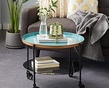Deco 79 Round Black Metal Wheeled Coffee Table with Teal Enamel Tray Top... - $276.99