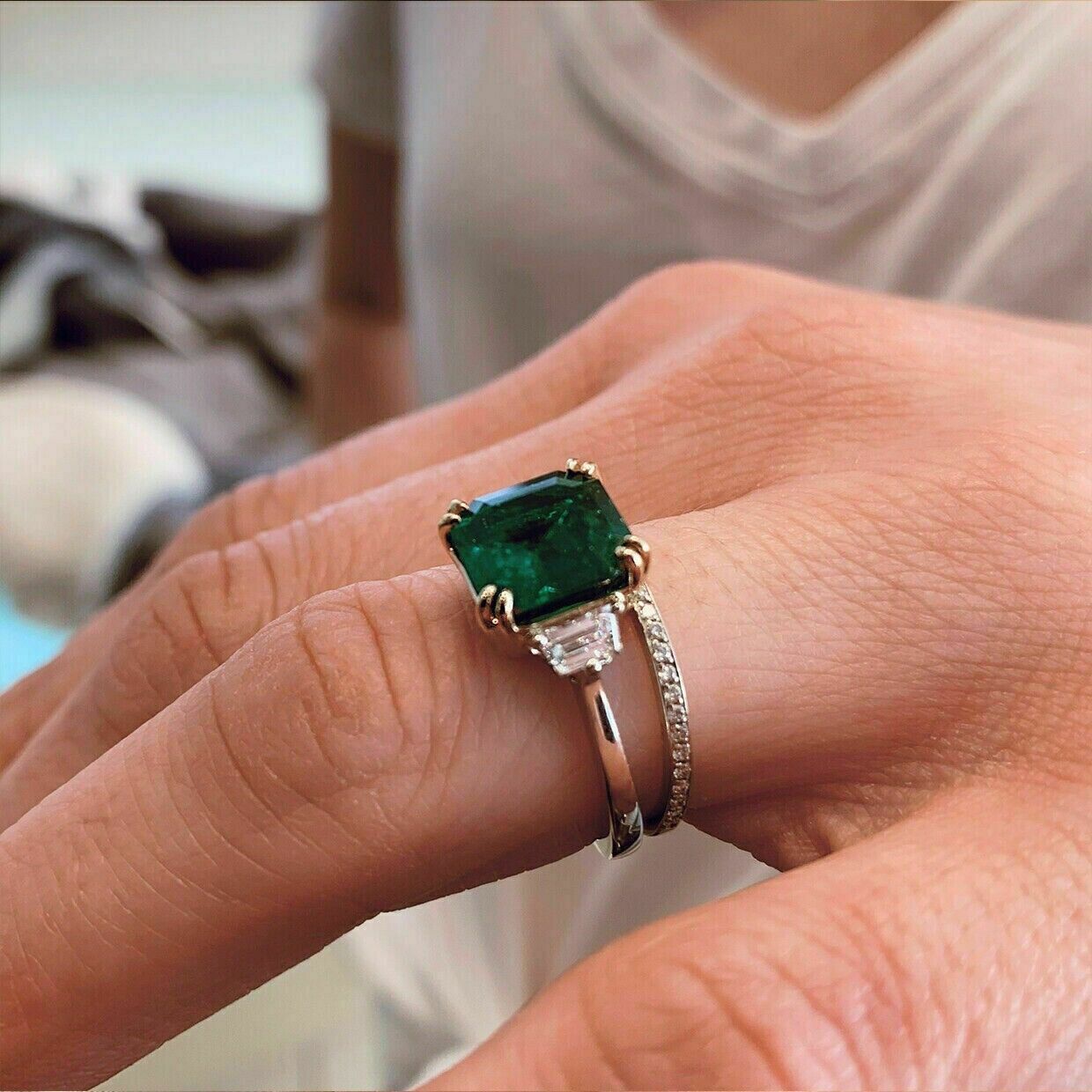 3CT Asscher Cut CZ Green Emerald Engagement Ring 14K Two Tone Gold Plated-Silver Item image 3