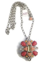 Lia Sophia Pink Tone Multicolored Cluster Pendant Long Chain Broche Necklace - £16.01 GBP
