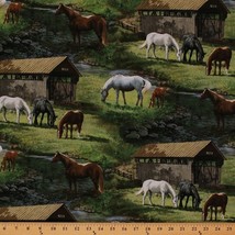Scenic Farm Horses Creek Trail Bridge Green Cotton Fabric Print by Yard D465.13 - £7.17 GBP
