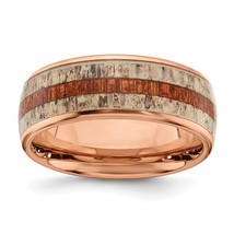 Men&#39;s 8mm Stainless Steel Rose Tone Wood &amp; Antler Inlay Band - £85.24 GBP