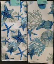 Seaside Beach Dish Towels Starfish + Seashells 15”x25” 2Pk - £4.63 GBP