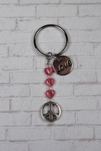 Peace &amp; Love Cat&#39;s Eye Crystal Metal 24mm Keychain Handmade Pink Silver New - $14.84