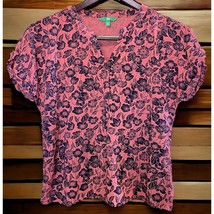 Dip Floral Top Womens Blouse Size XL V-Neck Pink with Blue Flowers Cap S... - £7.84 GBP