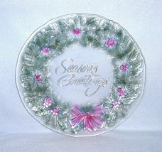 Indiana Glass Rainbow Mist &quot;Season&#39;s Greetings&quot; Wreath Platter 13 1/2&quot; #... - £7.97 GBP