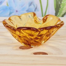 Murano Art Glass Ashtray 4.25&quot; Bowl Dish Amber Yellow Clear MCM Lotus Vintage - £29.40 GBP