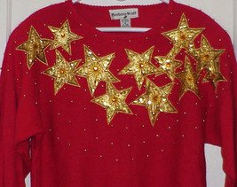 Vintage Sweater - Red w/GOLD Beaded STARS by Barbara Scott - Sz Med - £14.43 GBP