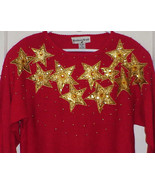 Vintage Sweater - Red w/GOLD Beaded STARS by Barbara Scott - Sz Med - £14.15 GBP