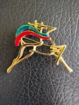 Christmas Reindeer Brooch Red Green Scarf Glitter Enamel Gold Tone Large Holiday - £12.57 GBP