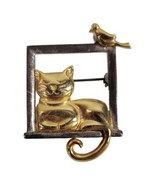 Vintage Cat window sill bird nap  brooch / pin - $313.77 MXN
