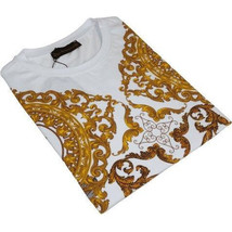 Men LAVERITA European Fashion Crew Shirt Rhine Stones Floral 93370 White image 2