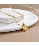 Woman Gold  Stainless Steel Engraved Heart Charm Love 17.7&quot;Chain Necklace - £11.38 GBP
