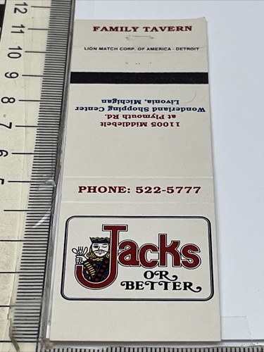 Matchbook Cover  Jacks OR Better  Family Tavern  Livonia, Michigan  Unst... - $12.38