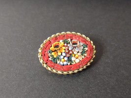 Vintage Oval Shaped Multicolor Micro Mosaic Flower Brooch - £31.93 GBP