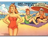 Comic Risque Girl in Bikini Shouldn&#39;t Sneeze UNP Linen Postcard S1 - £4.63 GBP