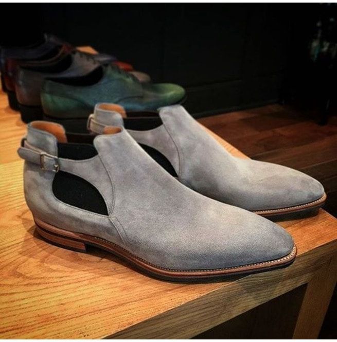 New Handmade Men's Half Ankle Boot, Men's Gray Suede Chelsea Buckle Fashion Boo